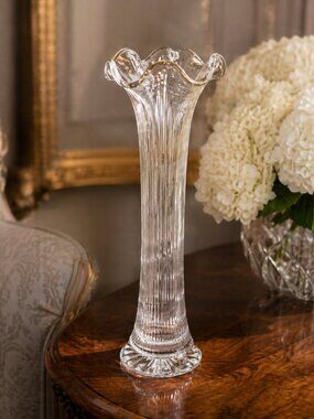 Vintage Ribbed Glass Trumpet Vase 12” Tall Clear Elegant Bud Vase Home Decor